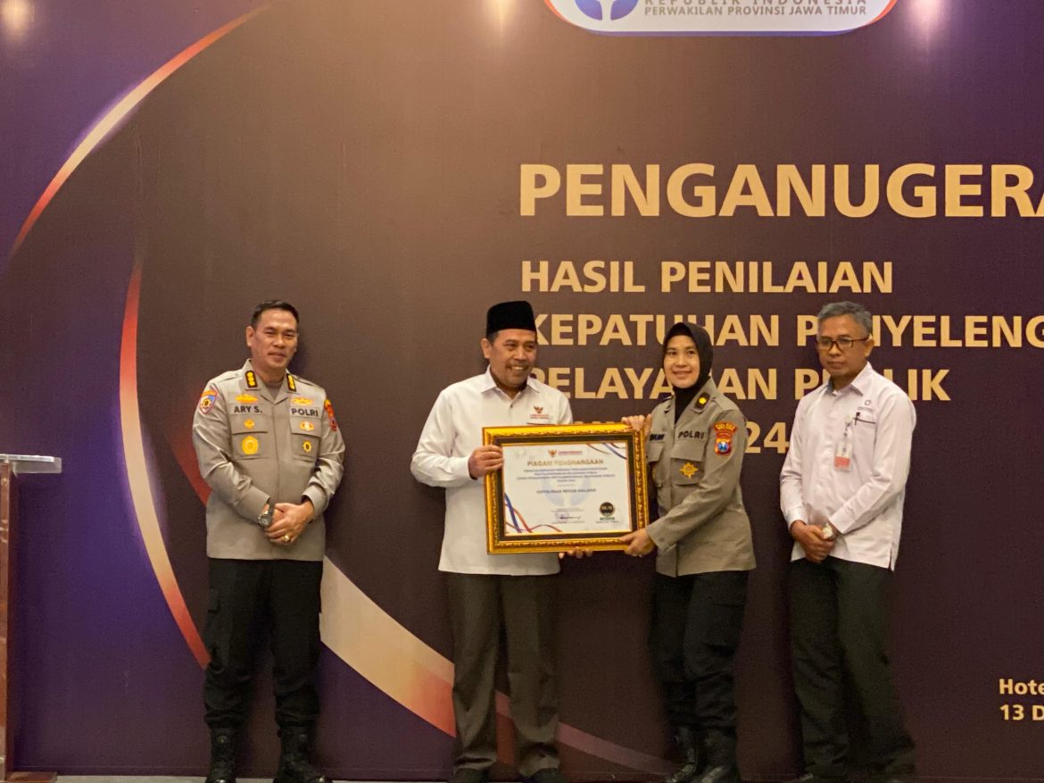 Polres Malang Raih Penghargaan Ombudsman RI dalam Penyelenggaraan Pelayanan Publik