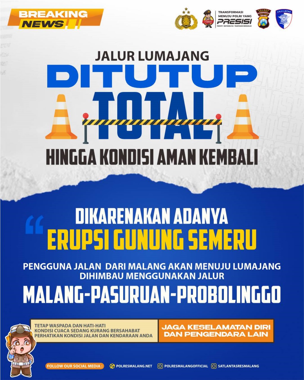 Erupsi Gunung Semeru, Polres Malang Tutup Jalur Ampelgading–Lumajang hingga Kondisi Aman